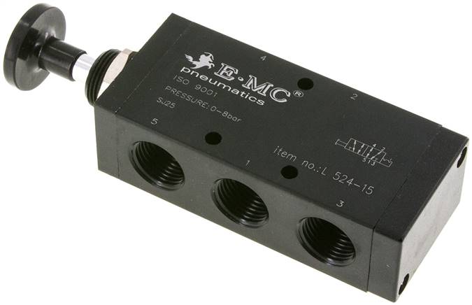 5/2-Wege Axial-Handhebelventil, Raste, G 1/2"