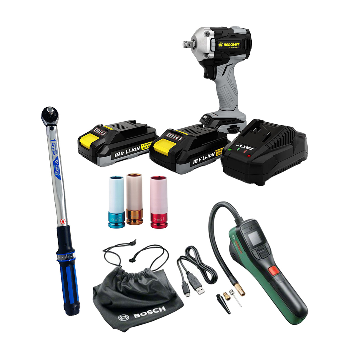 AKTION Reifenwechsel Set:Rodcraft Schlagschrauber + BOSCH EasyPump + AGRE 1/2"-Steckschlüssel-Set + KS Tools Drehmomentschlüssel G1/2