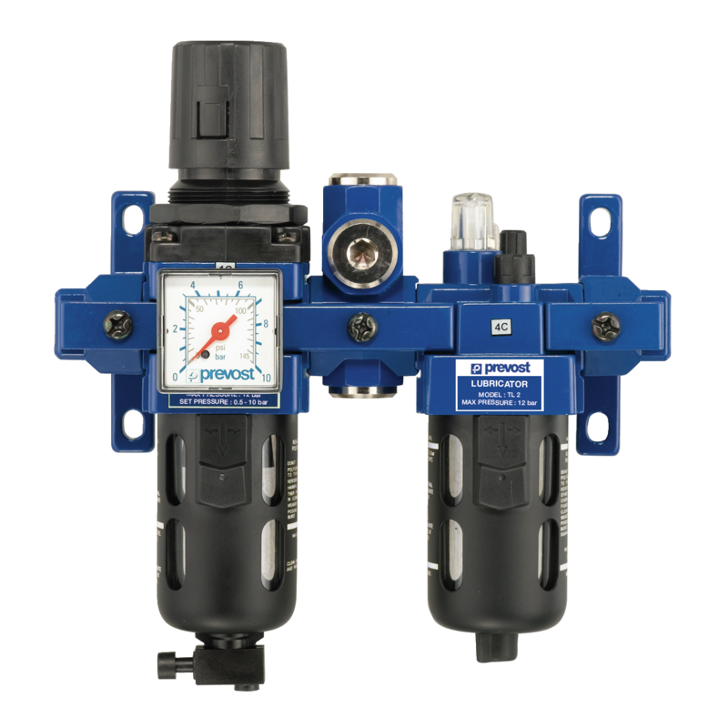 PREVOST ALTO 2 - Doppelblock - Filterregler mit Manometer, Öler und Wandbefestigungsset und Zwischenstück für ungeölte Luft