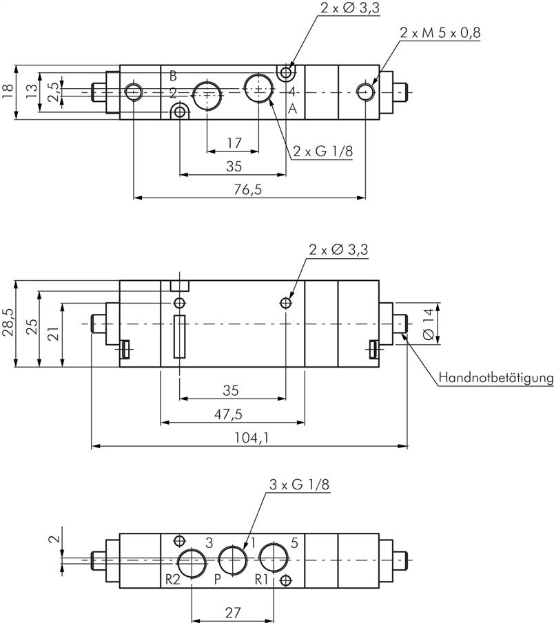 5/3-Wege Pneumatikventil, G 1/8" (Pilot M5), Mittelstellung belüftet