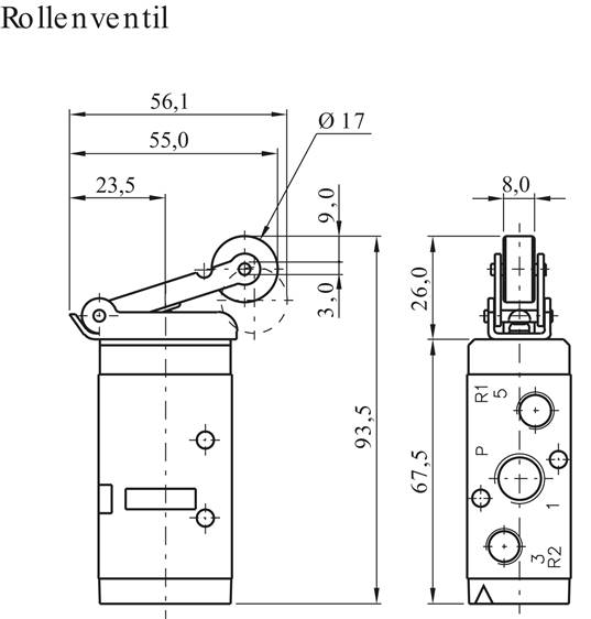5/2-Wege Endschalter mit Kunststoffrolle, G 1/4" (Abluft G 1/8")