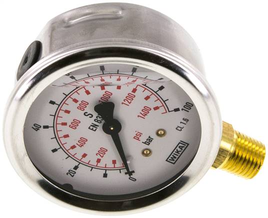 Glycerin-Manometer senkrecht (CrNi/Ms), 63mm, 0 - 100 bar, NPT