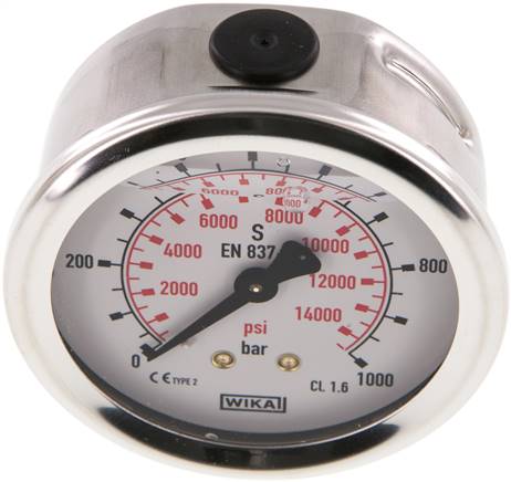 Glycerin-Manometer waagerecht (CrNi/Ms),63mm, 0 - 1000bar
