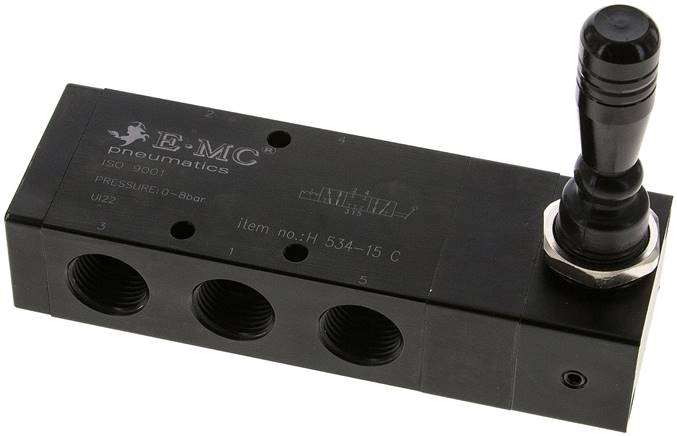 5/3-Wege Handhebelventil, G 1/2", Mittelstellung geschlossen, Raste