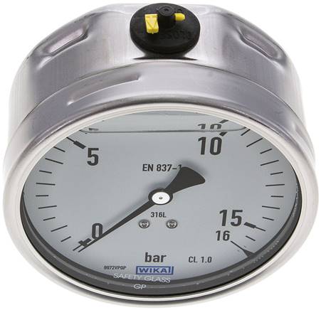 Chemie-Glycerin-Manometer waagerecht, 100mm, 0 - 16bar