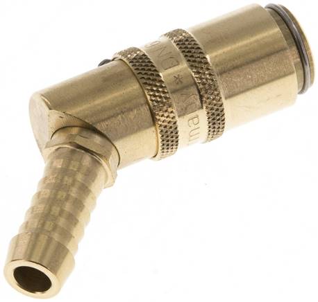 Temperier-Schnellkupplung (Winkel 45°) 9mm Zapfen, 9 (3/8")mm Schlauch, für Stecker beidseitig absperrend mit Entriegelungssicherung