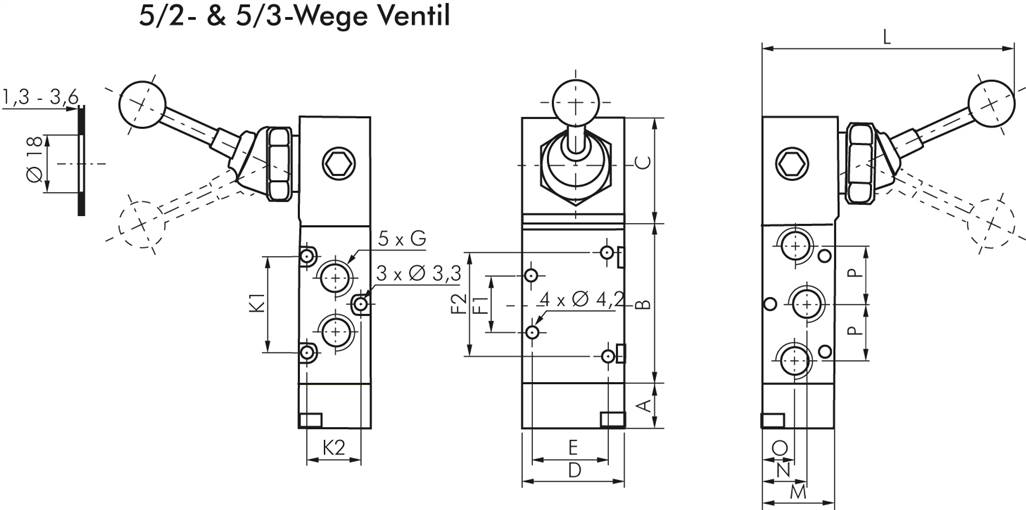 5/3-Wege Handhebelventil, G 1/8", Mittelstellung belüftet, Raste, -0,95 bis 10 bar