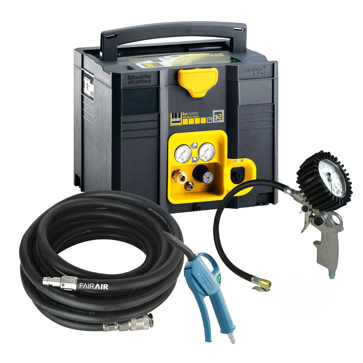 OFFERTA DF set completo compressore SysMaster 150-8-6 + gonfiatore per pneumatici + pistola di gonfiaggio + set di tubi flessibili