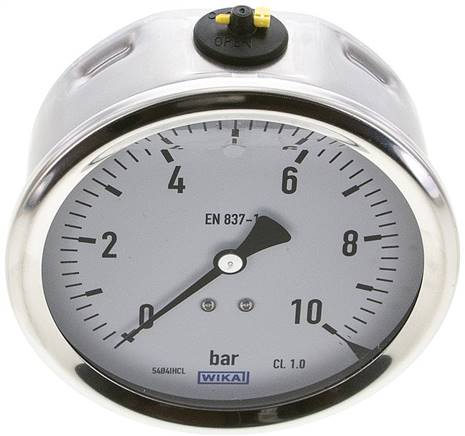 Glycerin-Manometer waagerecht (CrNi/Ms),100mm, 0 - 10bar