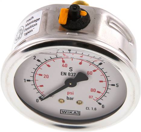 Glycerin-Manometer waagerecht (CrNi/Ms),63mm, 0 - 6bar