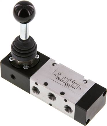 5/3-Wege Handhebelventil, G 1/8", Mittelstellung geschlossen, Raste, -0,95 bis 10 bar