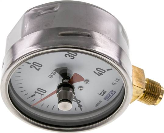 Manometer senkrecht (CrNi/Ms), 100mm, 0 - 40 bar, mit rückstellbarem Schleppzeiger