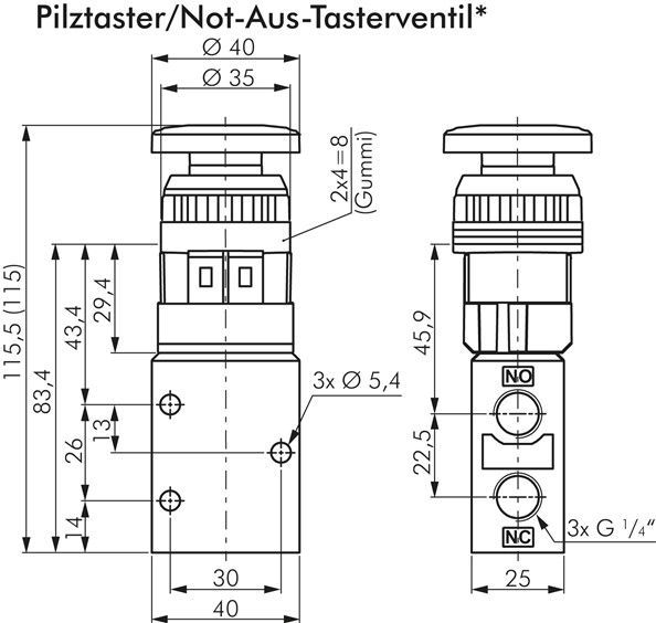 3/2-Wege Ventil G 1/4", Pilztaster rot