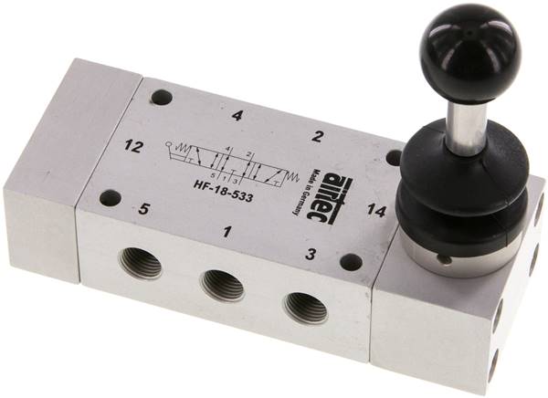 5/3-Wege Handhebelventil, Mittelstellung entlüftet, Federrückstellung, G 1/8"