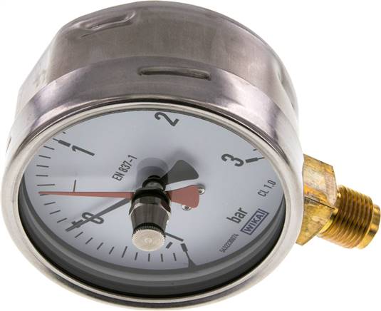 Manometer senkrecht (CrNi/Ms), 100mm, -1 bis 3 bar, mit rückstellbarem Schleppzeiger