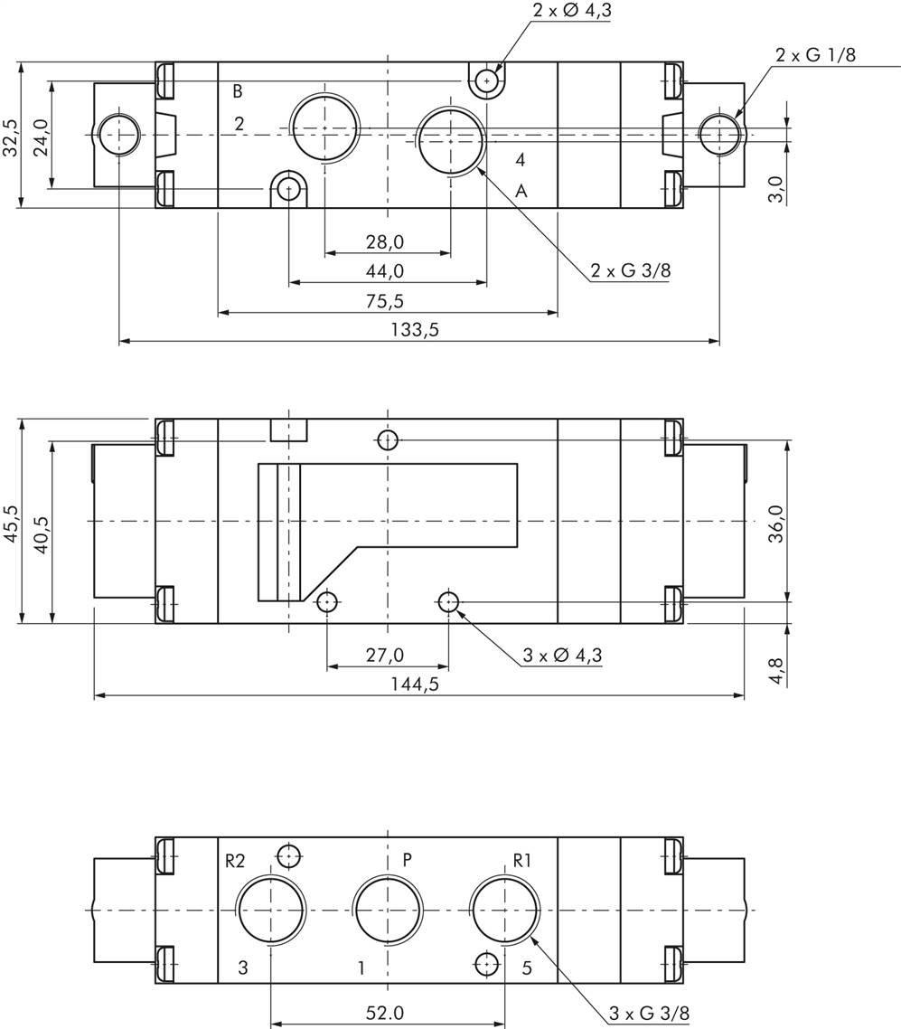 5/3-Wege Pneumatikventil, G 3/8" (Pilot G 1/8"), Mittelstellung belüftet