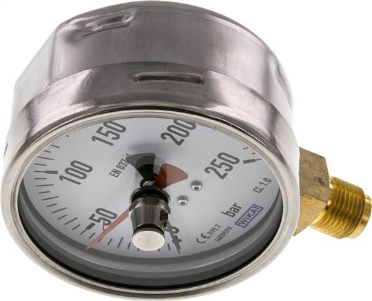 Manometer senkrecht (CrNi/Ms), 100mm, 0 - 250 bar, mit rückstellbarem Schleppzeiger