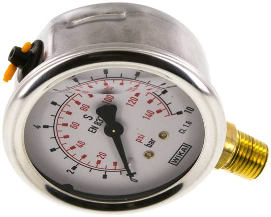 Glycerin-Manometer senkrecht (CrNi/Ms), 63mm, 0 - 10 bar, NPT