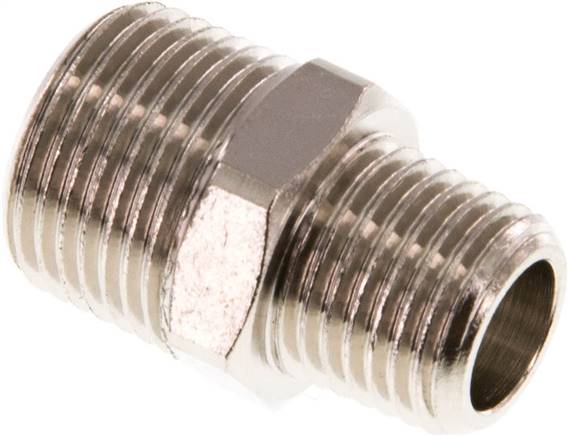 Doppelnippel R 3/8"-R 1/4", Messing vernickelt