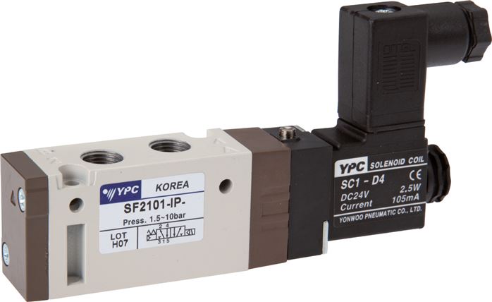 5/2-Wege Magnetventil, G 1/8", Federrückstellung, 24 V AC, Norm-Stecker Grösse 0