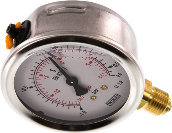 Glycerin-Manometer senkrecht (CrNi/Ms), 63mm, -1 bis 0,6 bar