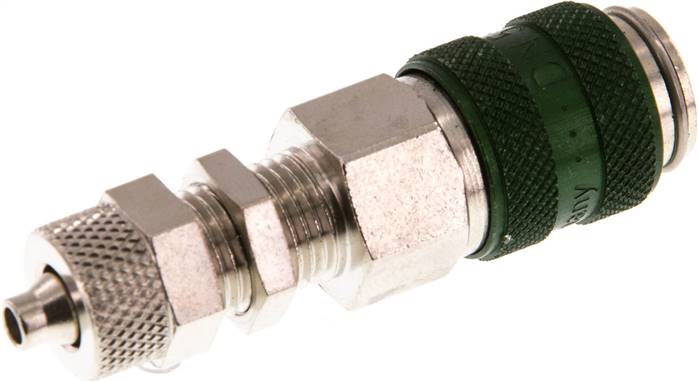 Schott-Schnellkupplung (NW5) 6x4mm Schlauch, Messing vernickelt, grün