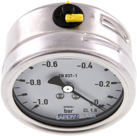 Chemie-Glycerin-Manometer waagerecht, 63mm, -1 bis 0bar
