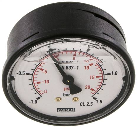 Glycerin-Manometer waagerecht (KU/Ms), 63mm, -1 bis 1,5 bar