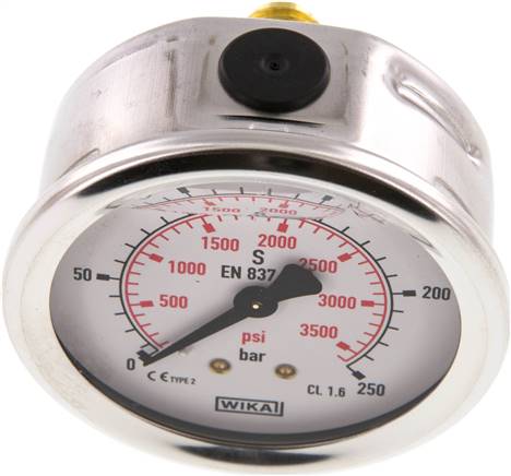 Glycerin-Manometer waagerecht (CrNi/Ms),63mm, 0 - 250bar
