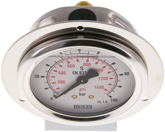 Glycerin-Einbaumanometer,Frontring, 63mm, 0 - 100 bar