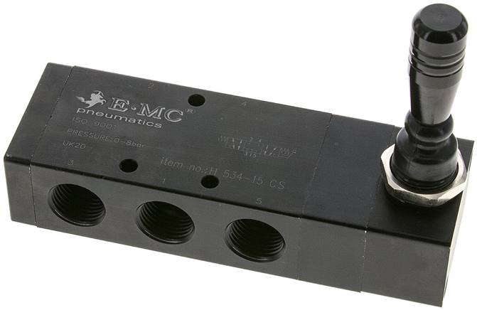 5/3-Wege Handhebelventil, G 1/2", Mittelstellung geschlossen, Federrückstellung