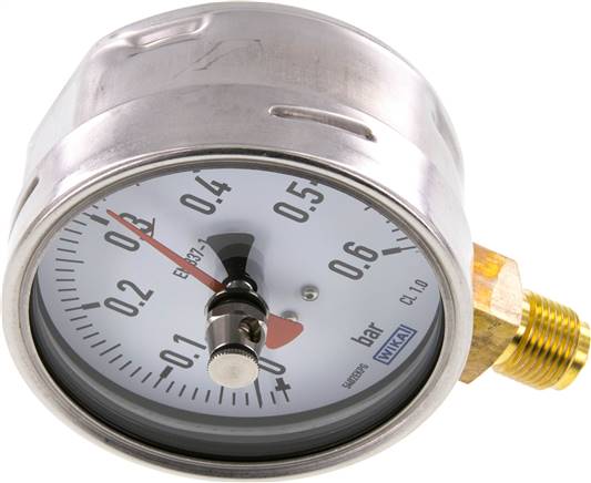 Manometer senkrecht (CrNi/Ms), 100mm, 0 - 0,6 bar, mit rückstellbarem Schleppzeiger
