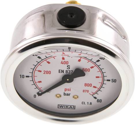 Glycerin-Manometer waagerecht (CrNi/Ms),63mm, 0 - 60bar
