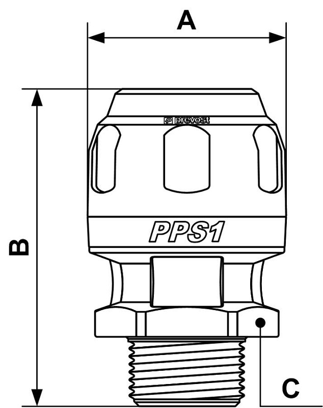 PREVOST-GERADE MUFFE MIT AUSSENGEWINDE für Rohr mit außen-Ø = 16 AG BSPT = R 3/8 AG NPT