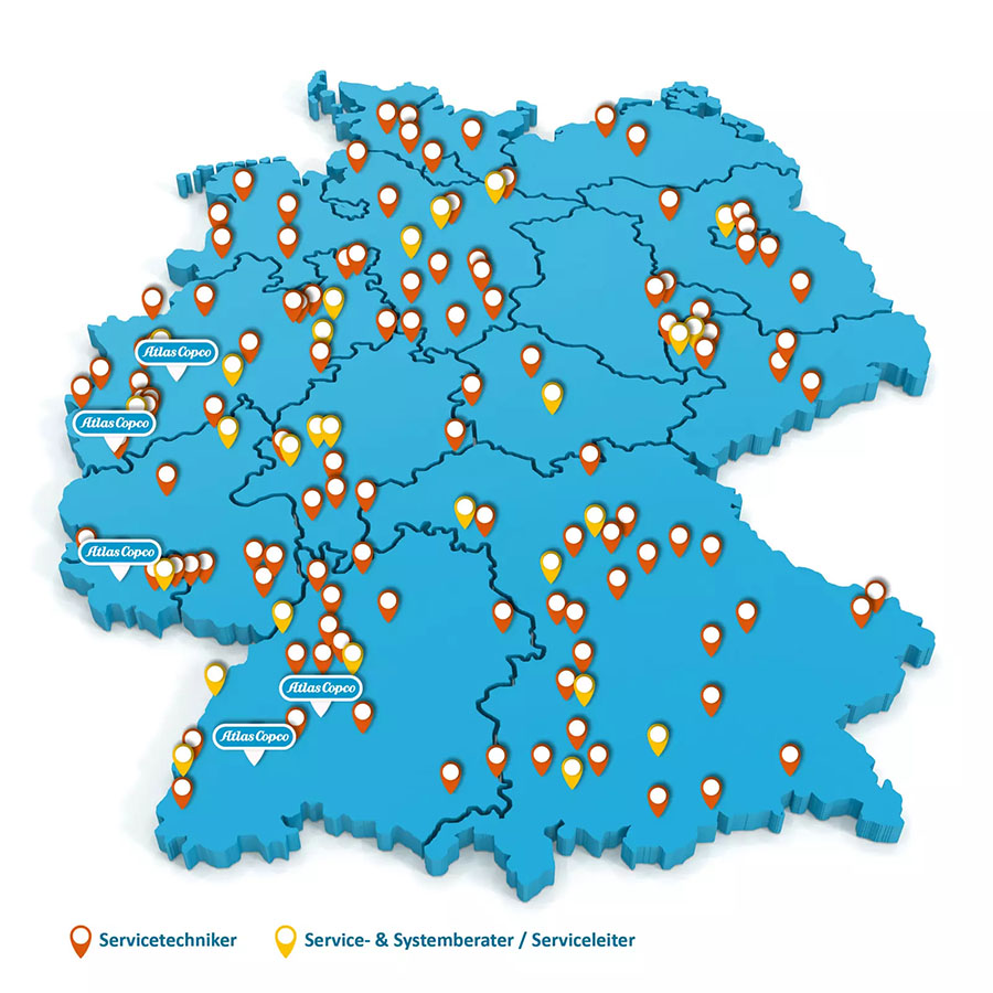 Übersicht von Atlas Copco Service-Standorten auf einer Deutschland-Karte