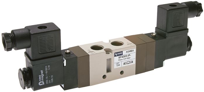 5/3-Wege Magnetventil, G 1/4" (Abluft G 1/8"), Mittelstellung entlüftet, 230 V A