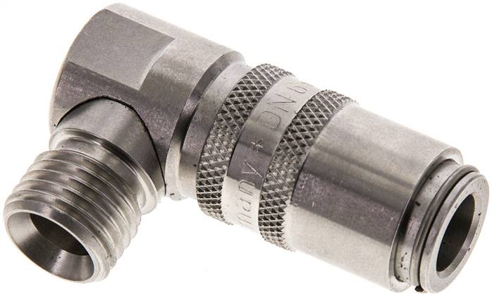 90°-Temperier-Schnellkupplung 9mm Zapfen,M 14x1,5(AG), Edelstahl, für Stecker beidseitig absperrend