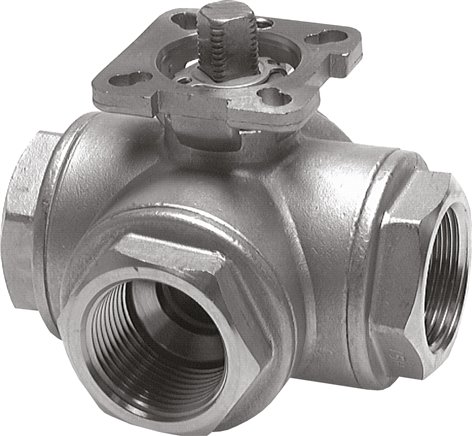 3-Wege-Kugelhahn, Direktmontageflansch G 1-1/4", T-Bohrung, Edelstahl 1.4408