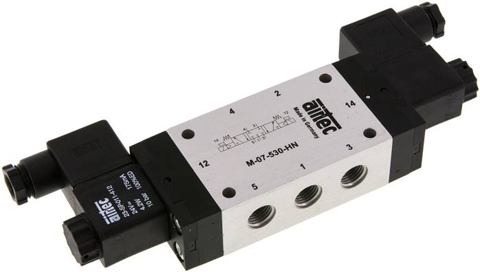 5/3-Wege Magnetventil, G 1/4", Mittelstellung geschlossen, 12 V=