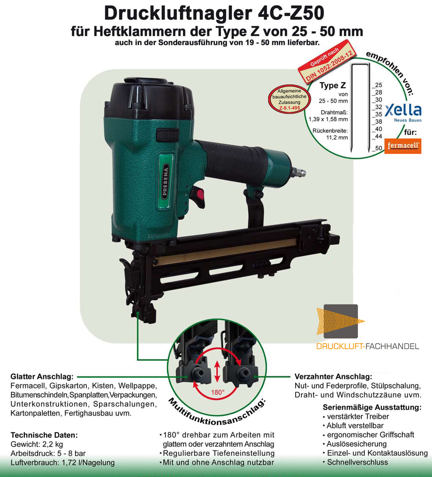 AKTION Prebena Druckluftnagler 4C-Z50 + 2x Z50CSVHA-ETA Heftklammern Inhalt 19.000 Stück ETA-Zertifizierung