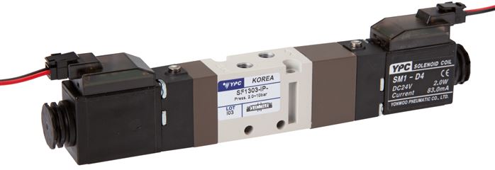5/3-Wege Magnetventil, M 5, Mittelstellung entlüftet, 24 V=, Stecker SY100, mit LED inkl. 600 mm Kabel