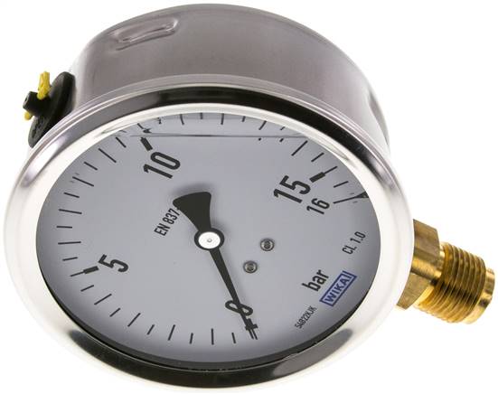 Glycerin-Manometer senkrecht (CrNi/Ms),100mm, 0 - 16 bar