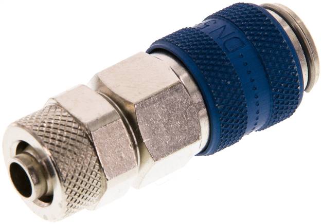 Schnellkupplung (NW5) 8x6mm Schlauch, Messing vernickelt, für Stecker beidseitig absperrend, blau