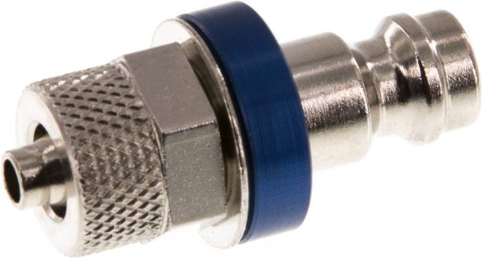 Kupplungsstecker (NW5) 6x4mm Schlauch, Messing vernickelt, blau, Messing vernickelt