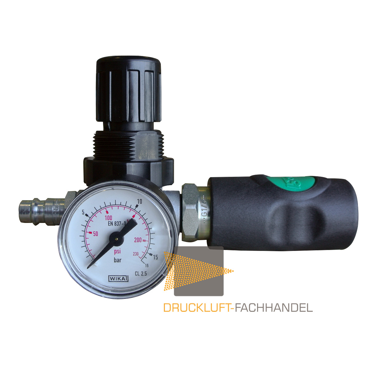 Aufsteckdruckminderer mit SICHERHEITS-Kupplung und STAHL-Stecknippel NW 7,2 0,5-10 bar