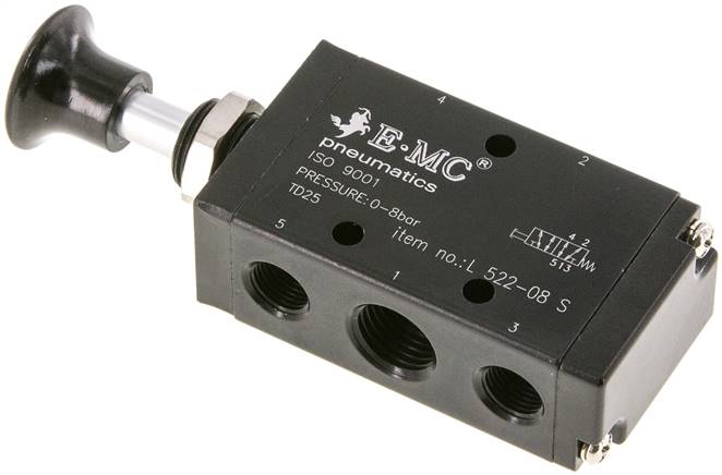 5/2-Wege Axial-Handhebelventil, Federrückstellung, G 1/4" (Abluft G 1/8")