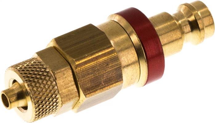 Kupplungsstecker (NW5) 6x4mm Schlauch, Messing, beidseitig absperrend, Messing rot