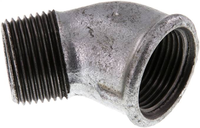 45°-Einschraubwinkel Rp 1"(IG)-R 1"(AG), Temperguss verzinkt