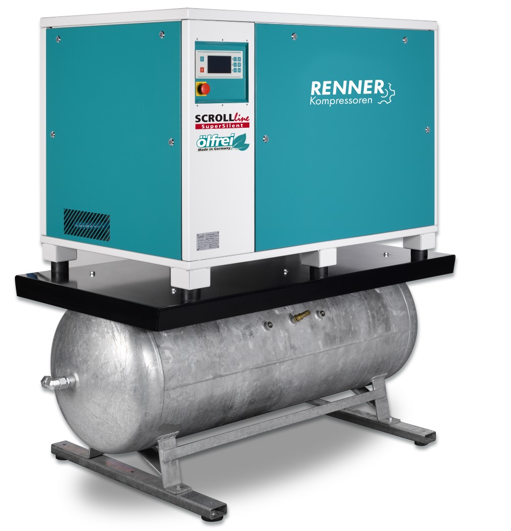 RENNER-Scrollkompressor SuperSilent SLDKM-S 9,0 10 bar als Mehrfachanlage auf 500L Behälter mit Kältetrockner-Ölfrei