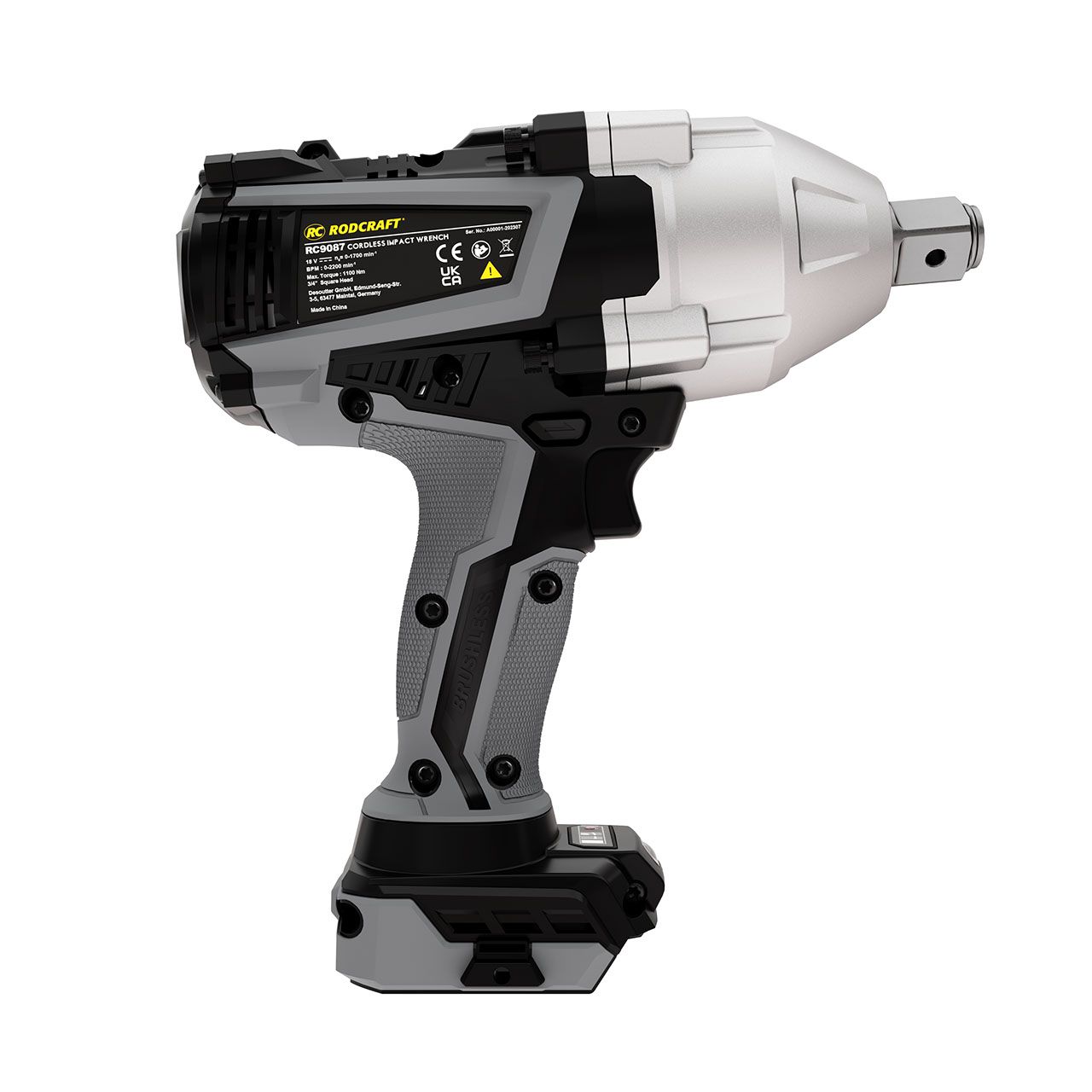 Rodcraft RC9087 Akku-Schlagschrauber, Vierkant 3/4 Zoll, max. Lösemoment 1500 Nm, LED-Licht, ohne Akku, ohne Ladegrät, im Karton